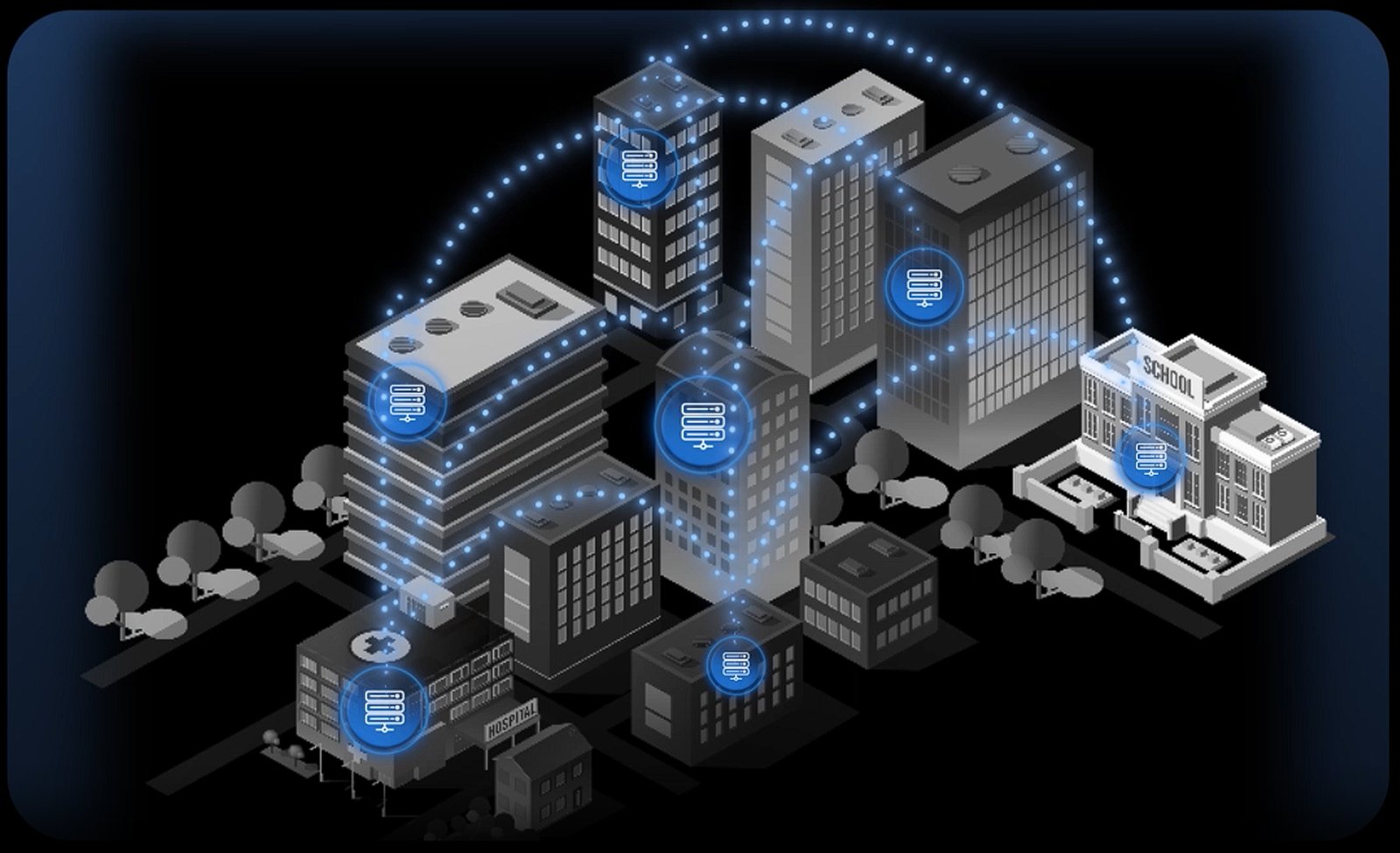 Isometric cityscape with buildings connected by glowing data network lines