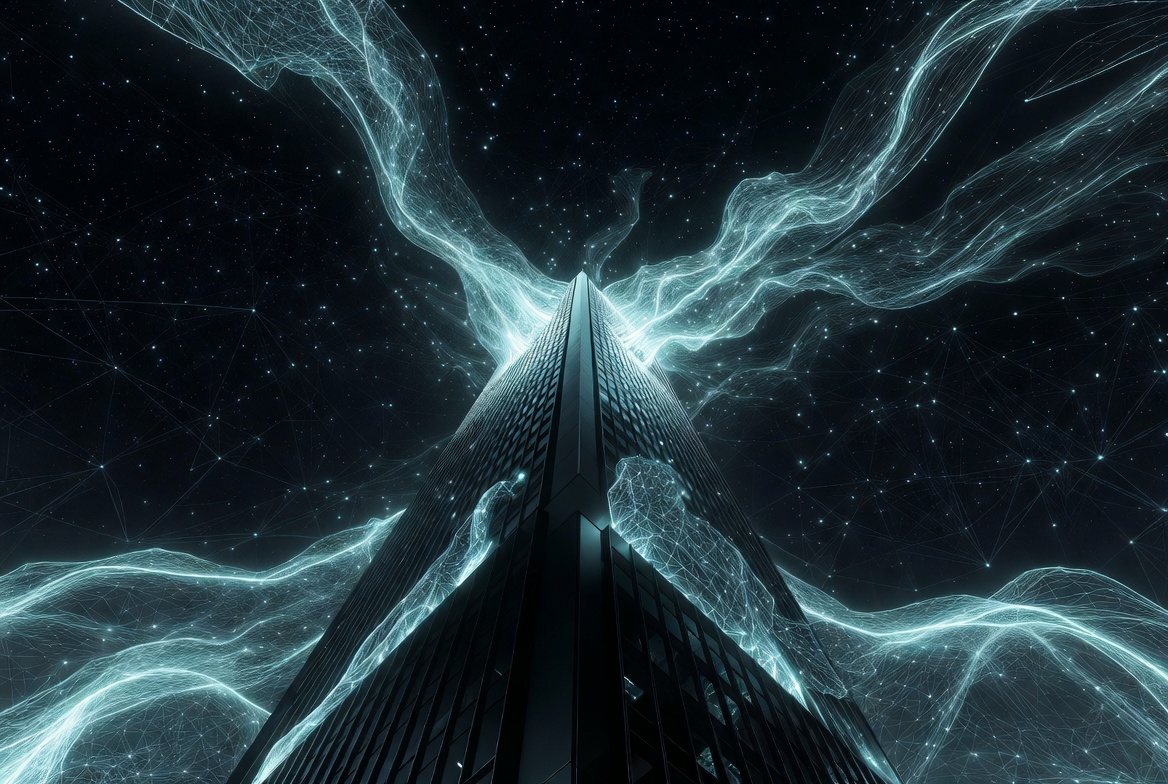 Skyscraper with glowing network connections representing edge computing connectivity